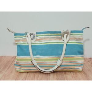 Coach Nautical Beach Multi Stripe East West Tote Bag Purse Seahorse Charm RARE